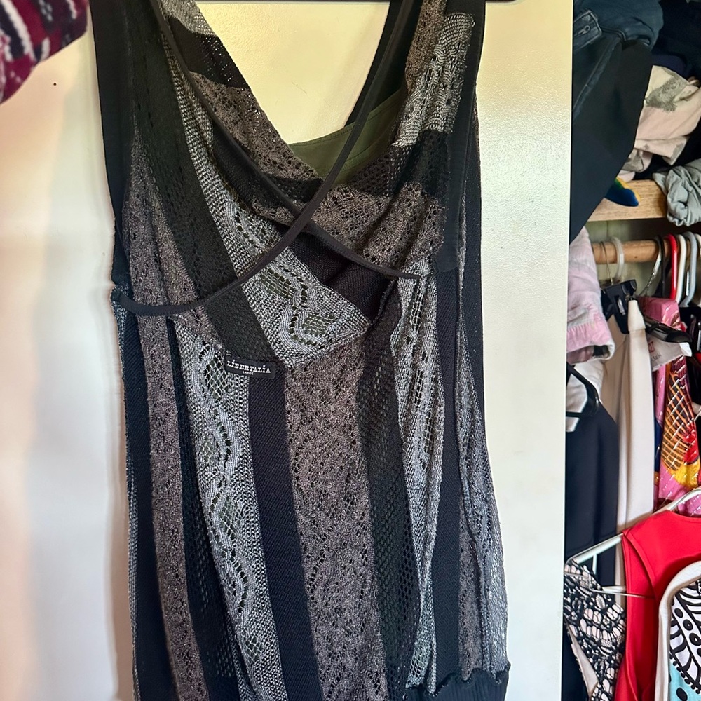 Mesh and Lacey style dark colored sleeveless long top for women size medium